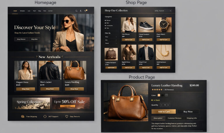 Website bán hàng shop thời trang với giao diện hiện đại, sang trọng gồm trang chủ, trang shop và trang sản phẩm