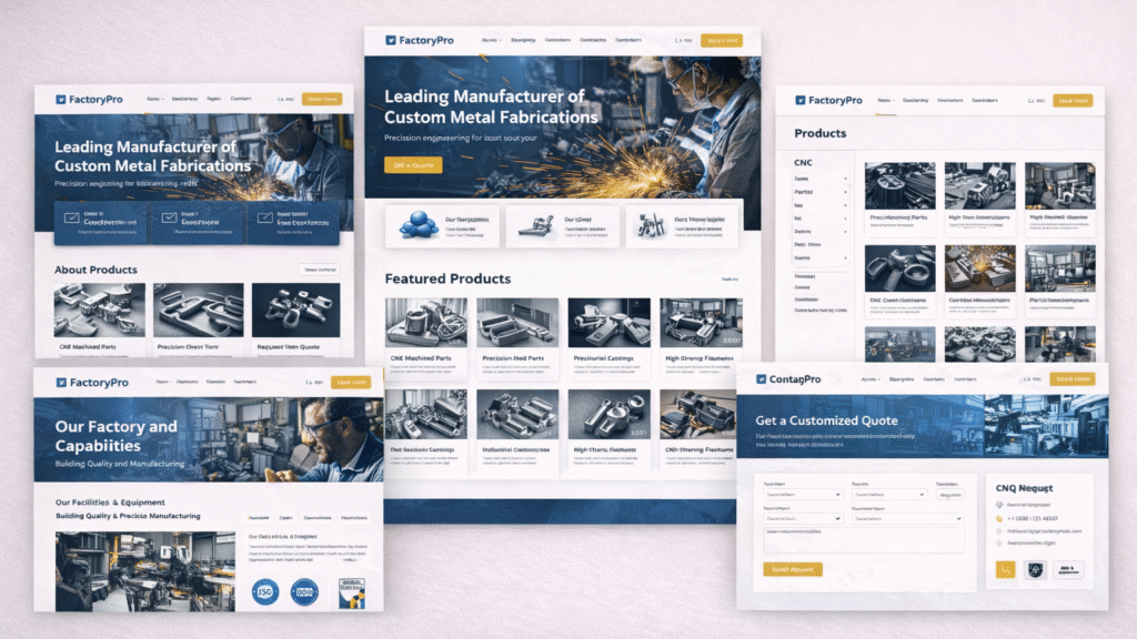 Giao diện mẫu website FactoryPro cho doanh nghiệp cơ khí chế tạo gồm trang chủ, sản phẩm, chi tiết sản phẩm, giới thiệu nhà máy và RFQ