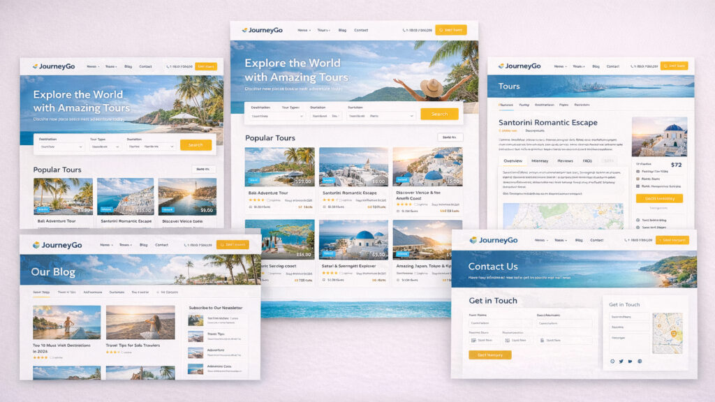 Giao diện mẫu website JourneyGo cho công ty du lịch gồm trang chủ, danh sách tour, chi tiết tour, blog và liên hệ