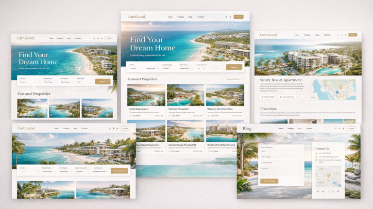 Giao diện mẫu website bất động sản nghỉ dưỡng LumiLand phong cách resort cao cấp