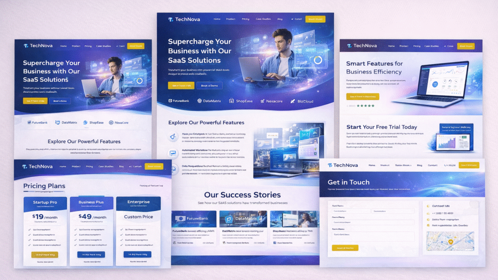 Giao diện mẫu website công ty phần mềm và SaaS gồm trang chủ, sản phẩm, bảng giá, case study và liên hệ