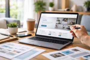 Góc làm việc với laptop hiển thị giao diện website hiện đại