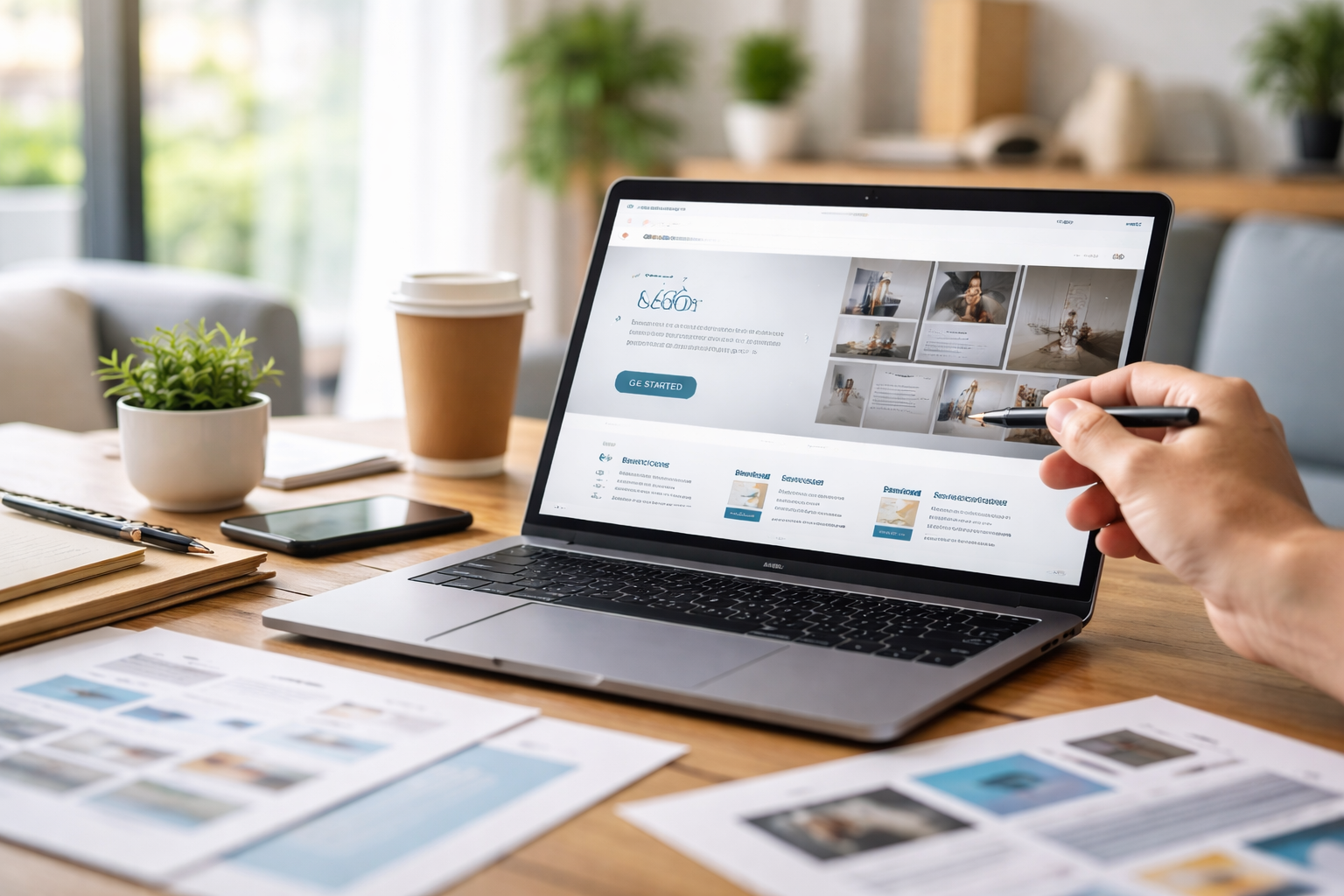 Góc làm việc với laptop hiển thị giao diện website hiện đại