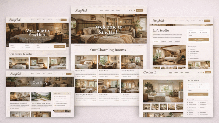 Giao diện mẫu website StayHub phong cách homestay vintage gồm trang chủ, rooms, room detail, blog và booking