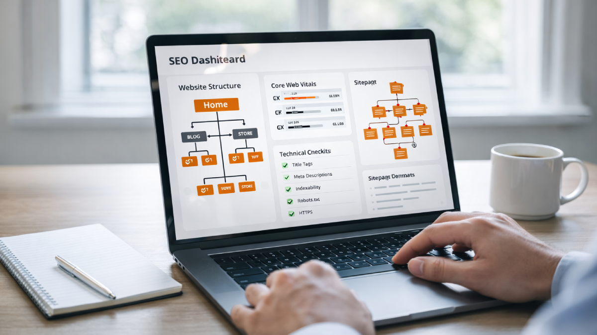 Website chuẩn Technical SEO với checklist tối ưu 2026 gồm cấu trúc, crawl, index và Core Web Vitals