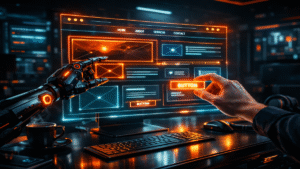 AI và con người cùng thiết kế website bằng giao diện hologram trong không gian làm việc tương lai