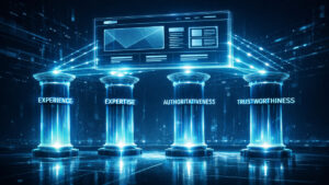 Mô hình E-E-A-T trong SEO với 4 trụ Experience, Expertise, Authoritativeness và Trustworthiness nâng đỡ cấu trúc website