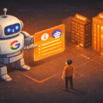 Robot AI của Google đứng giữa người dùng và các website minh họa xu hướng zero click search