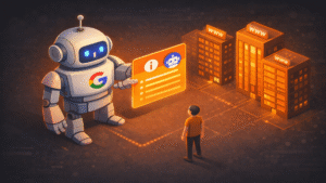 Robot AI của Google đứng giữa người dùng và các website minh họa xu hướng zero click search