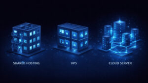 So sánh Shared Hosting, VPS và Cloud Server qua mô hình máy chủ 3D isometric minh họa môi trường hosting khác nhau cho website