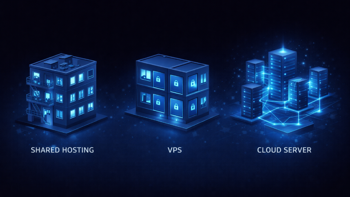 So sánh Shared Hosting, VPS và Cloud Server qua mô hình máy chủ 3D isometric minh họa môi trường hosting khác nhau cho website