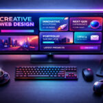 Flat lay workspace của web designer năm 2026 với màn hình OLED hiển thị layout website bento UI hiện đại