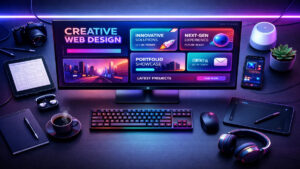 Flat lay workspace của web designer năm 2026 với màn hình OLED hiển thị layout website bento UI hiện đại