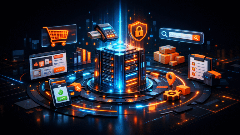 Minh họa 3D các tính năng cốt lõi của website thương mại điện tử như giỏ hàng, thanh toán và tìm kiếm thông minh