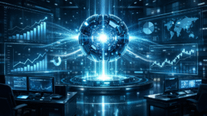 AI chatbot doanh nghiệp với lõi trí tuệ nhân tạo kết nối dữ liệu hologram trong trung tâm điều hành hiện đại