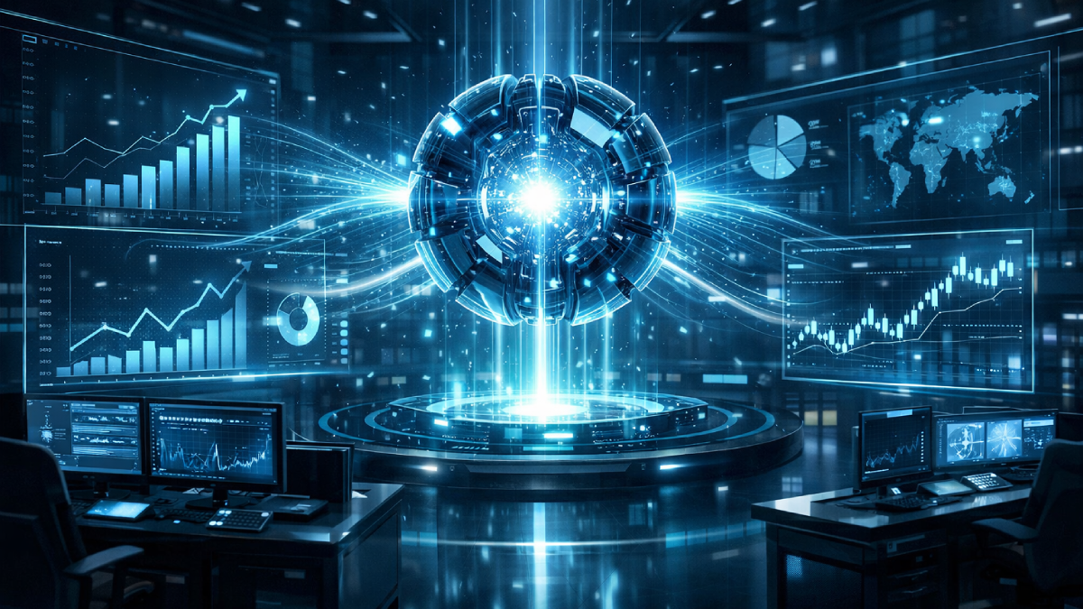 AI chatbot doanh nghiệp với lõi trí tuệ nhân tạo kết nối dữ liệu hologram trong trung tâm điều hành hiện đại