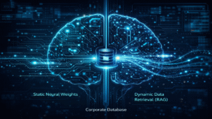 Sơ đồ giải thích cách chatbot AI hoạt động với neural weights tĩnh và công nghệ RAG truy xuất dữ liệu động