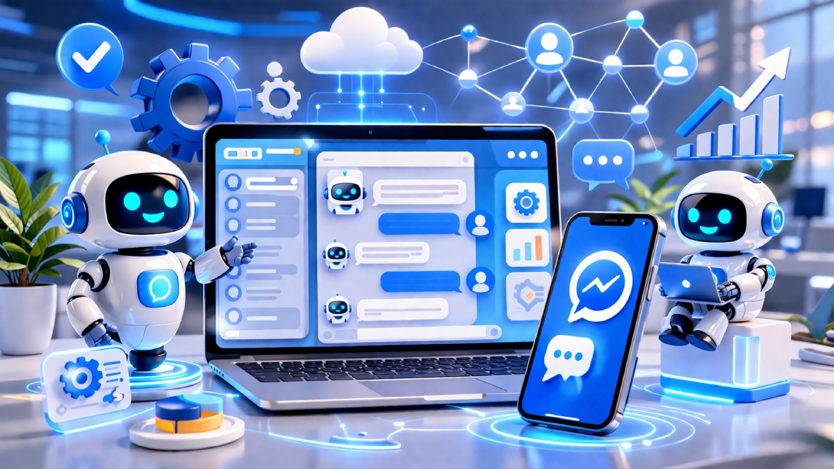 Chatbot AI Facebook Messenger trên laptop và điện thoại với robot tự động hóa