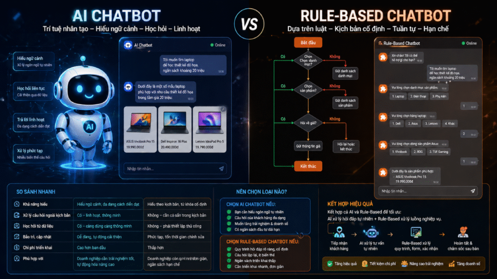 Chatbot Rule Engine Chatbot AI vs Rule-Based: Khác Nhau Gì & Nên Chọn Loại Nào?