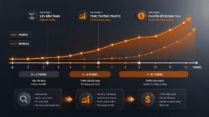 Timeline SEO tổng thể từ traffic đến doanh thu theo từng tháng